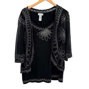 Catherines Embroidered Tunic Top Womens 1X Sheer Sleeves Faux Jacket‎ Comfort